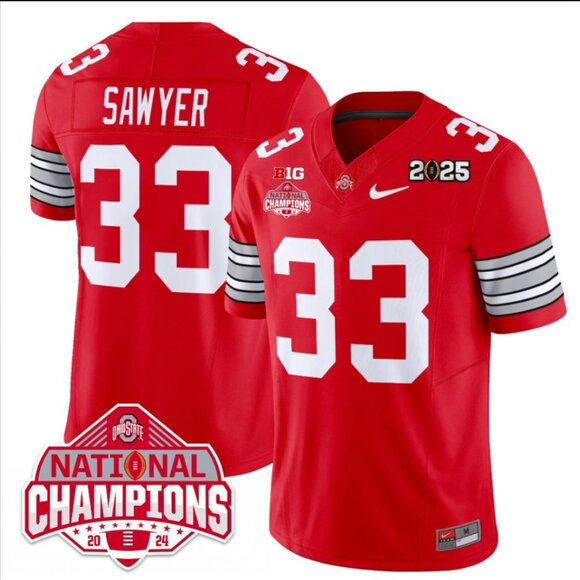 Mens Youths Kids Womens Jack Sawyer 2025 CFP National CH Red Stitched Jersey